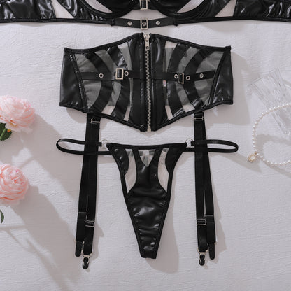 PU Leather Stitching Mesh Lingerie Three Piece Set