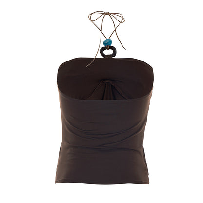 Spring Solid Color Pleated Backless Halter Sling Top T-shirt for Women