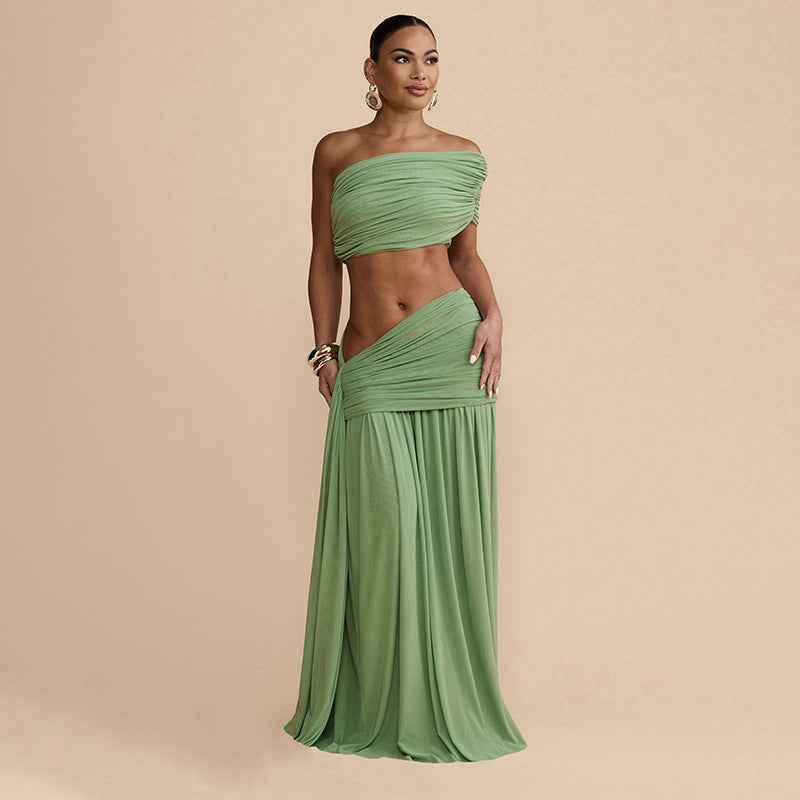 Spring Sexy Solid Color Tube Top Vest Slim Ribbon Pleated Skirt Sets