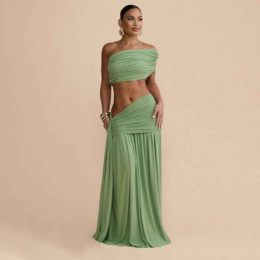 Spring Sexy Solid Color Tube Top Vest Slim Ribbon Pleated Skirt Sets