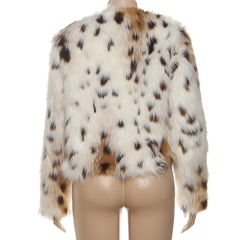 Leopard Print Spotted Long Fur Warm Long Sleeve Jacket