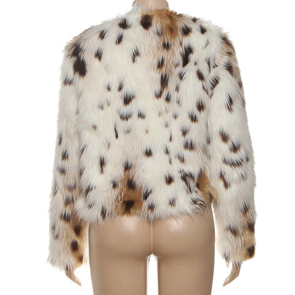 Leopard Print Spotted Long Fur Warm Long Sleeve Jacket