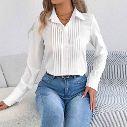 Elegant Pleated Solid Color Button Blouse