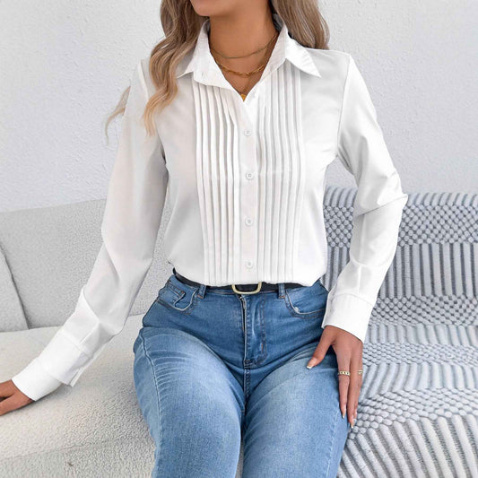 Elegant Pleated Solid Color Button Blouse
