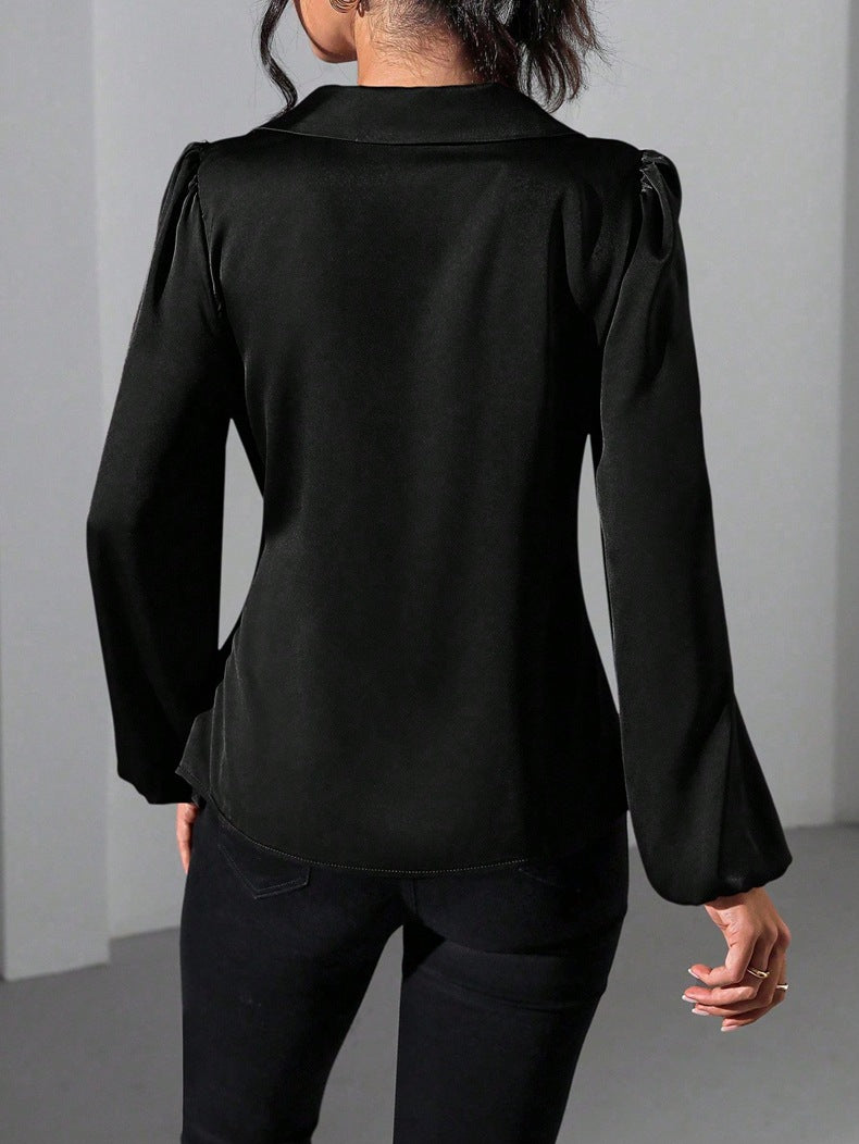 Long Sleeved Satin Lace up Cinched Blouse