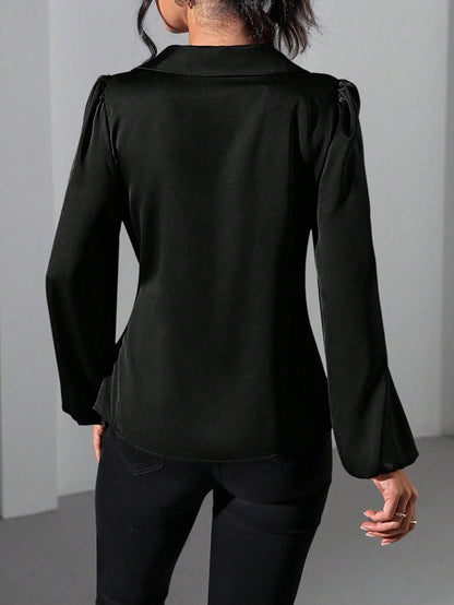 Long Sleeved Satin Lace up Cinched Blouse