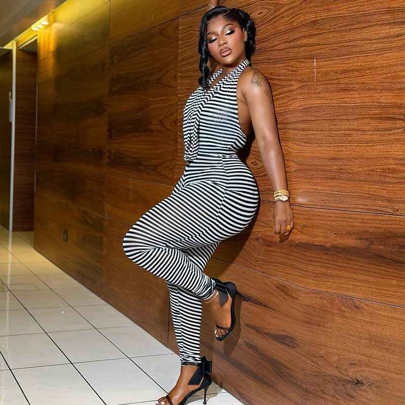 Striped Jumpsuit Swing Collar