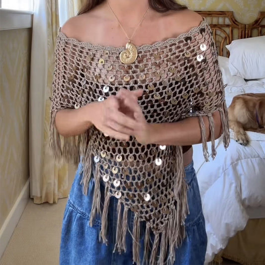 New Arrivals Handmade Crocheted Sequined Tassel Knitted Blouse Boho Hollow Out Cutout Triangle Cape Shawl