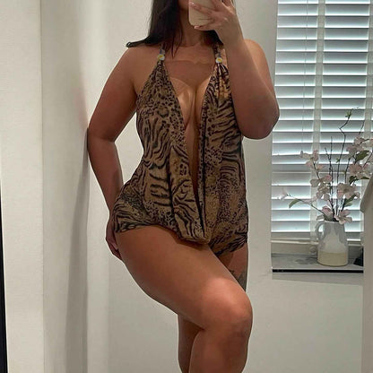 Leopard Print Lace up Halterneck Sexy Two Piece Bottoms Sets
