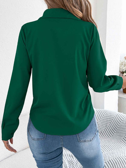 Elegant Pleated Solid Color Button Blouse