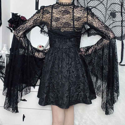 Gothic Classic Lace Cover Ups Women Mesh Crop Top See Through Sexy Flare Sleeve Blouse Y2k Black Rave Outfit Festival
