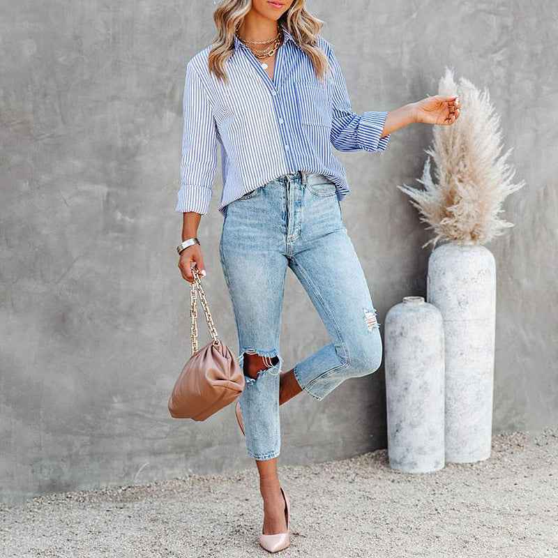 Striped Color Contrast Cardigan Blouse