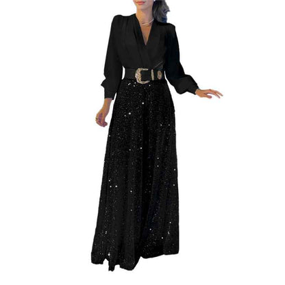 Long Sleeve Elegant Waist Slimming Sequined Jumpsuit