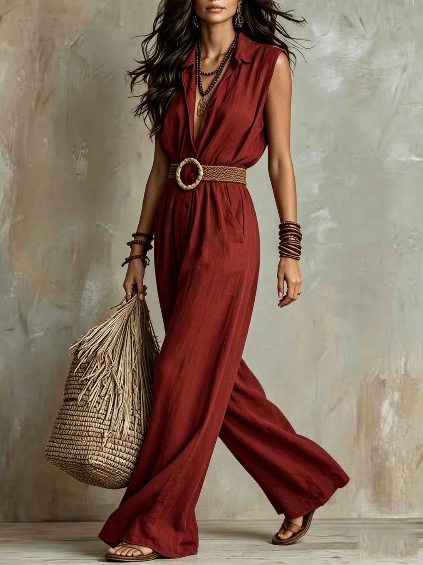 Women's Linen Summer Casual Sleeveless Jumpsuit with Buckle