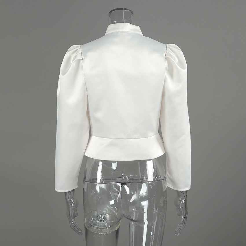 Spring Arrival French Stand Collar Puff Sleeve Blouse