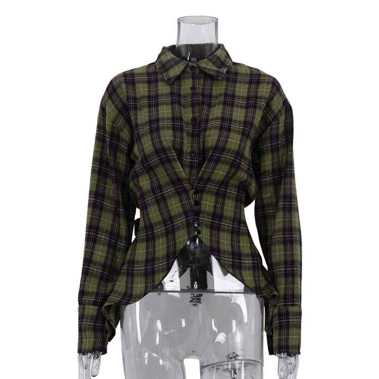 Retro Plaid Collared Long Sleeve Irregular Asymmetric Hem Cinched Blouse