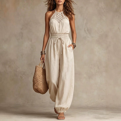Bohemian Halter Lace Jumpsuit Seaside Holiday Casual Waist Drawstring