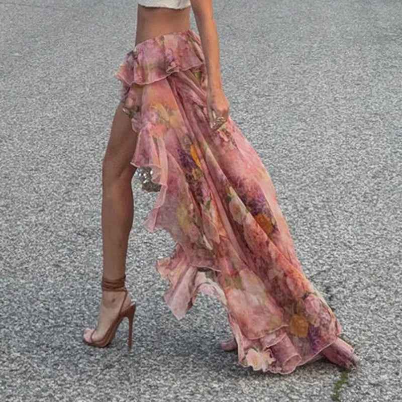 Sexy Holiday Romantic Floral Print Ruffled Skirt Sexy Irregular Asymmetric Trailing Dress with Lining