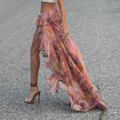 Sexy Holiday Romantic Floral Print Ruffled Skirt Sexy Irregular Asymmetric Trailing Dress with Lining