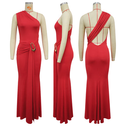 Women Metal Decoration Sexy Backless Dress One Shoulder Slim Dress