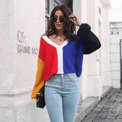 Knitted Cardigan Contrast Color Sweater