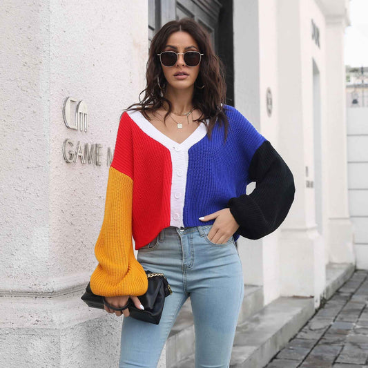 Knitted Cardigan Contrast Color Sweater