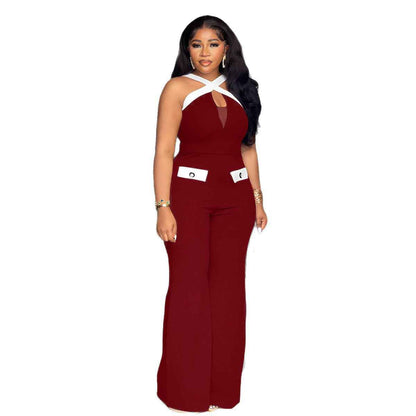 Elegant Office Contrast Color Cross Strap Jumpsuit