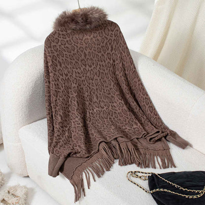 Leopard Print Fur Collar Loose Batwing Sleeve Sweater Cape Cardigan Women (one size fits all)