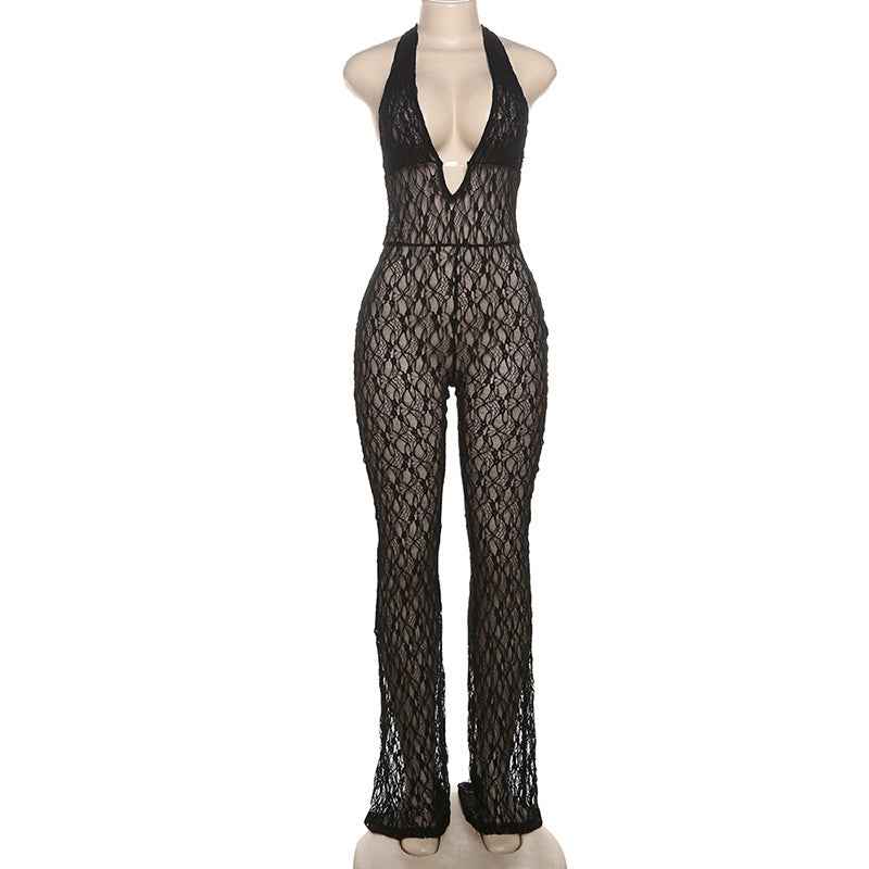 See Through Lace Up Backless Jumpsuit