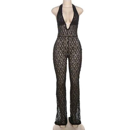 See Through Lace Up Backless Jumpsuit