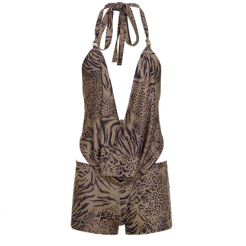 Leopard Print Lace up Halterneck Sexy Two Piece Bottoms Sets