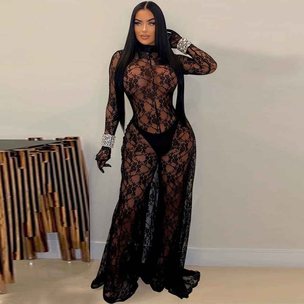 See through Lace Backless Lace up Jumpsuit