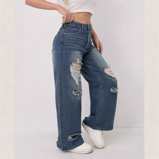 Distressed Worn Wide Leg Jeans