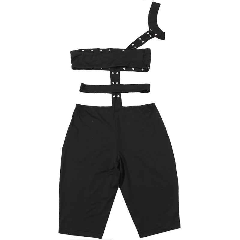 Unique Rivet Sexy Cutout Tight Five Point Jumpsuit