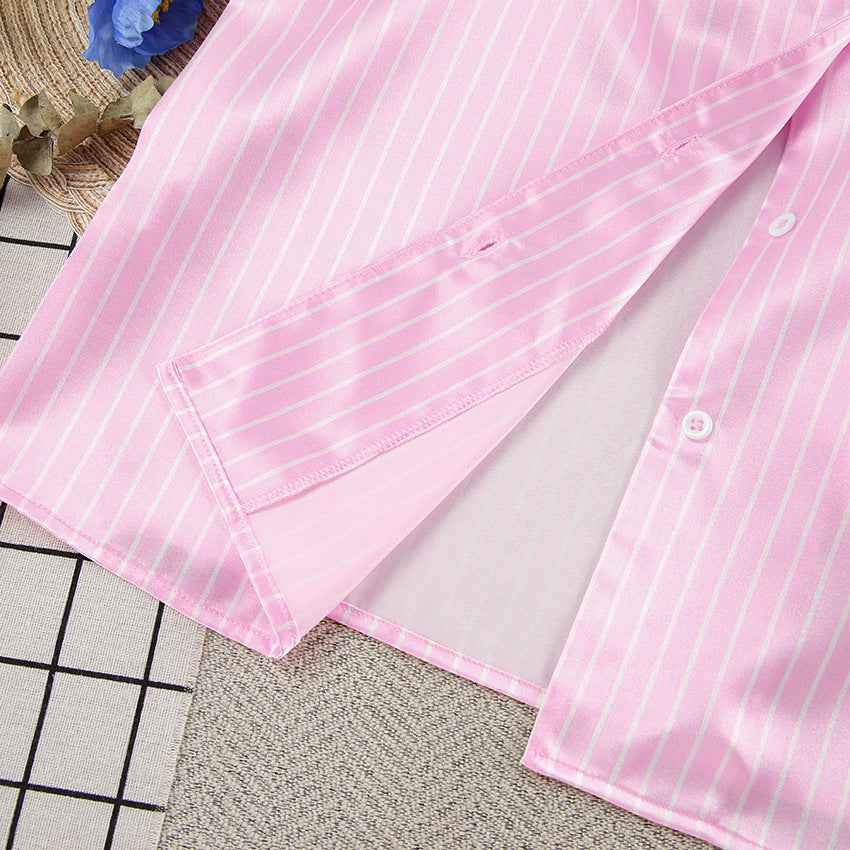 Summer Pink Striped Casual Loose Pajamas Women's