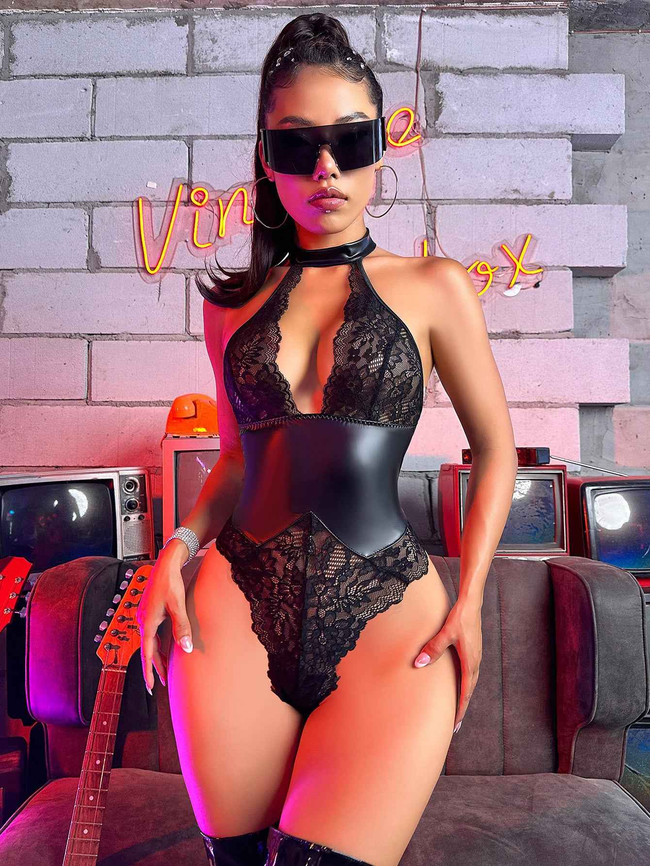 Sexy Patent Leather Lace Stitching One Piece Nightclub Temptation Sexy Lingerie Set