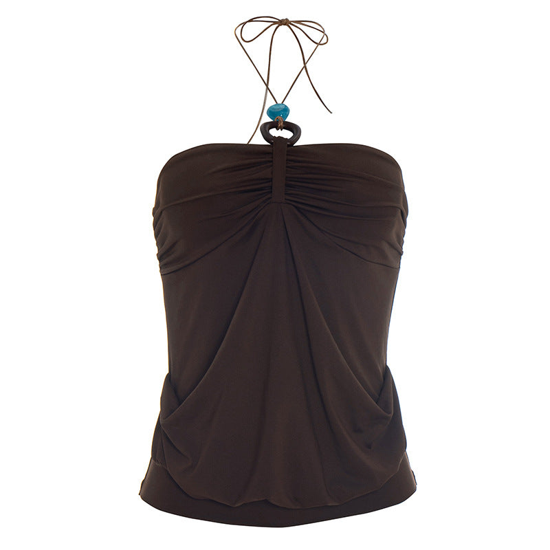 Spring Solid Color Pleated Backless Halter Sling Top T-shirt for Women