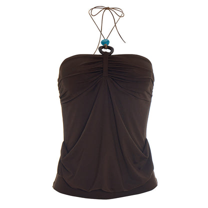 Spring Solid Color Pleated Backless Halter Sling Top T-shirt for Women