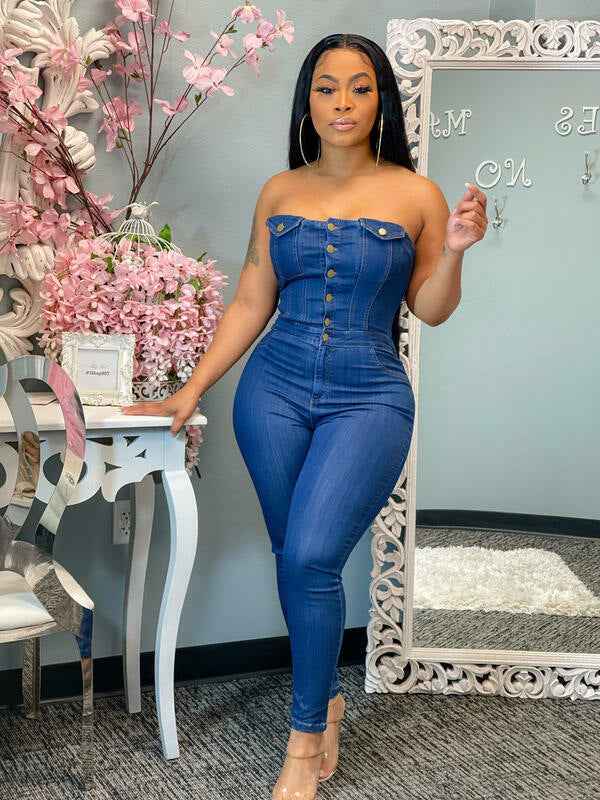 Casual Tube Top Slim Fit Denim Jumpsuit