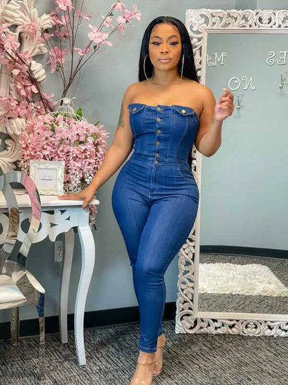 Casual Tube Top Slim Fit Denim Jumpsuit