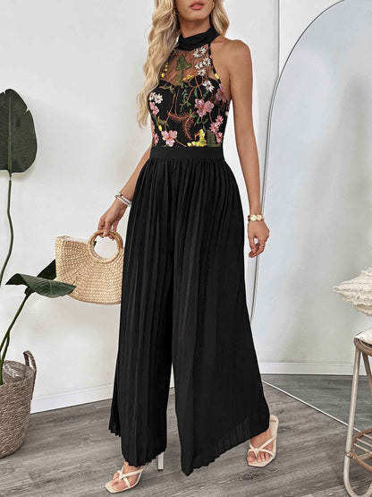 Summer Sleeveless See through Halter Lace Jumpsuit Embroidered Stitching Pleated