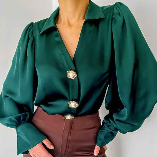 Lantern Sleeve Blouse Casual Loose Satin