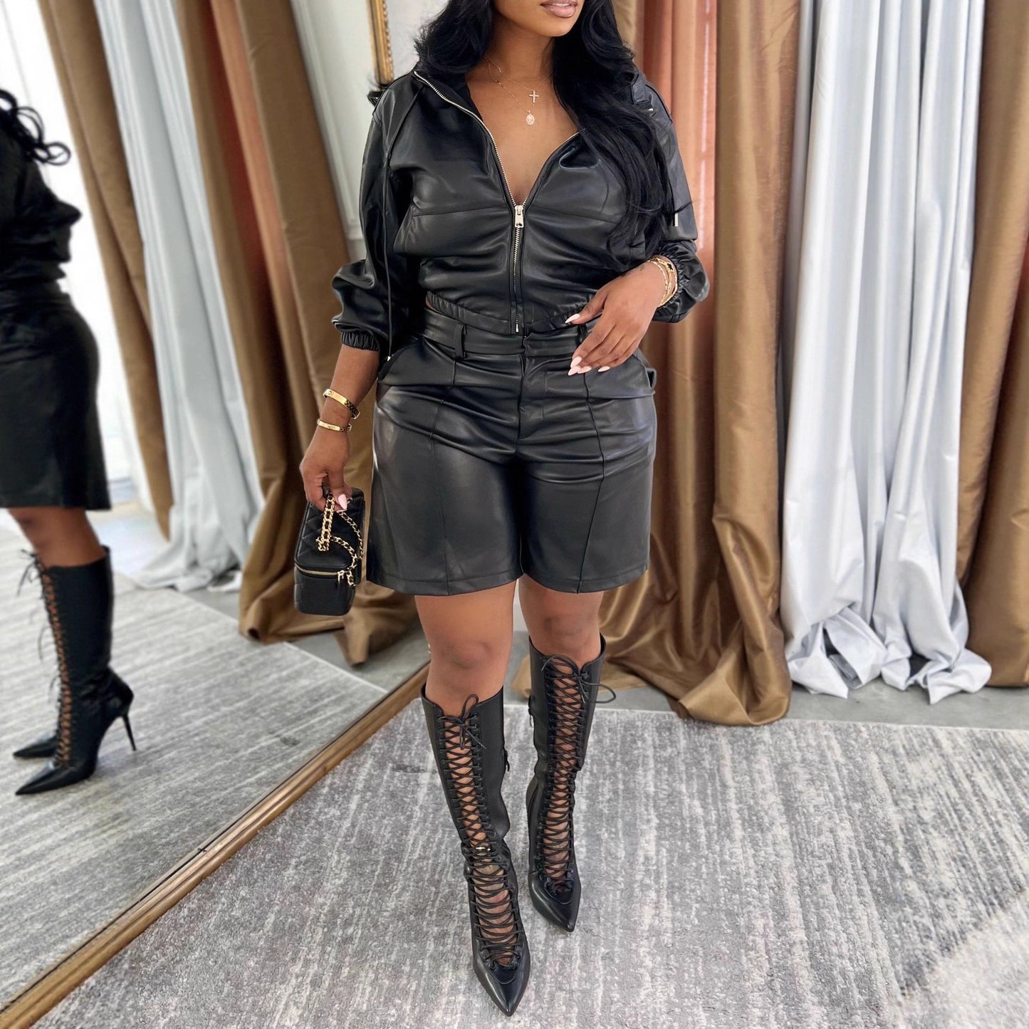 MUNSIEUR PU Leather Bottoms Set Long Sleeve with Zipper