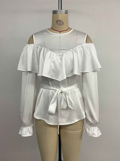 Elegant Long Sleeved Ruffled Off the Shoulder Lace Blouse