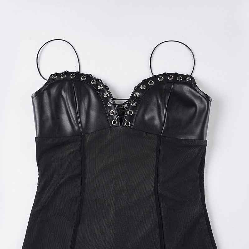 Mesh Leather Slim Fit Patchwork Wrapped Dress