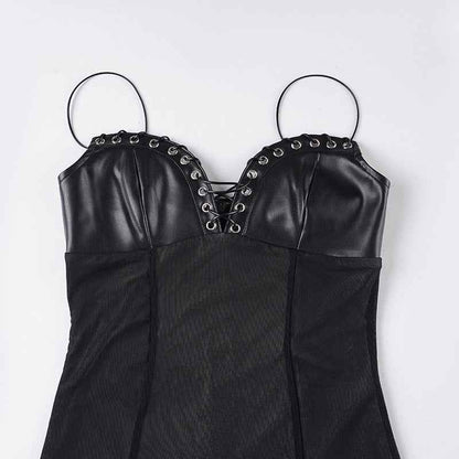 Mesh Leather Slim Fit Patchwork Wrapped Dress