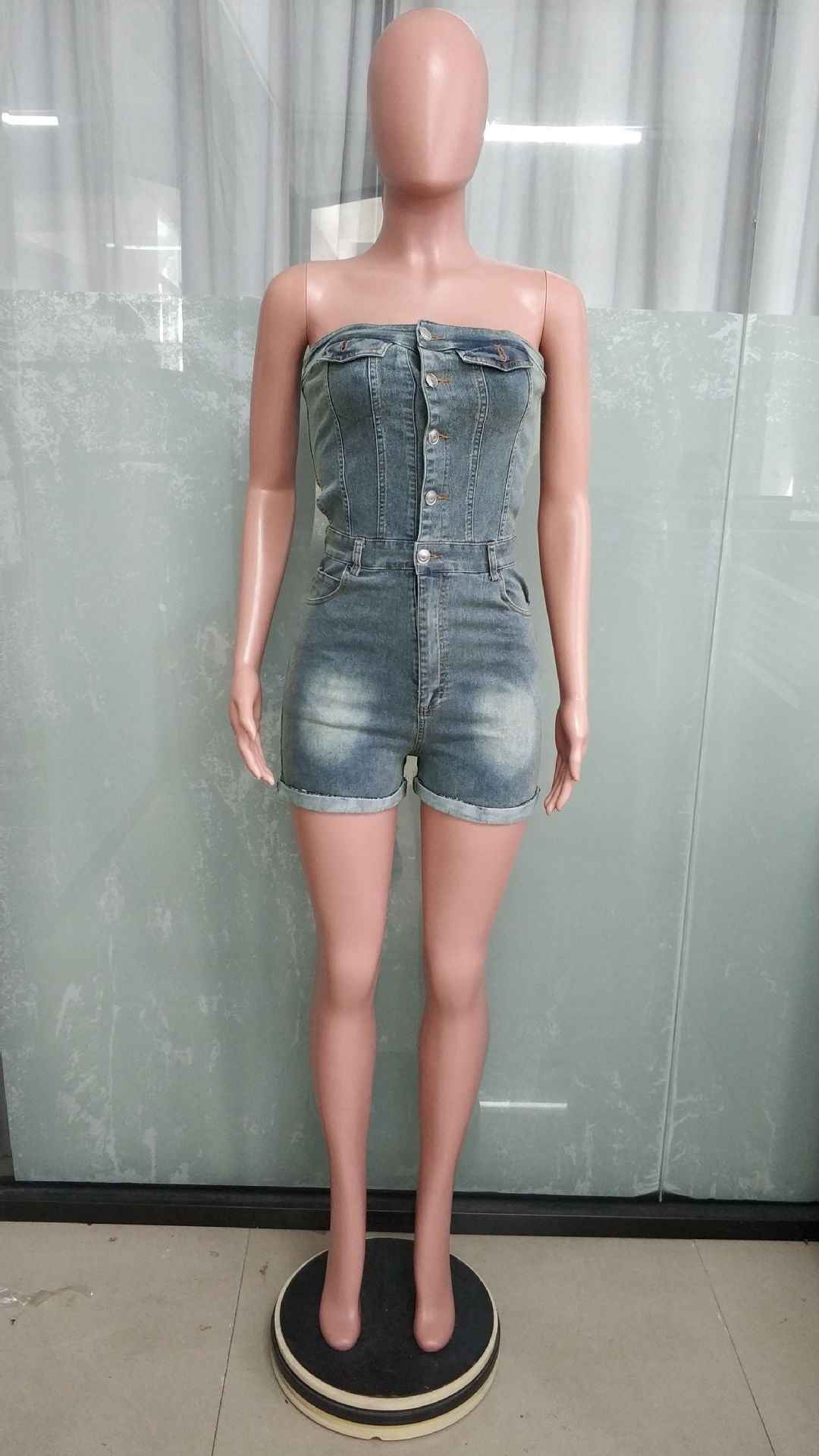 Casual Tube Top Women's Clothing Slim Fit Denim Jumpsuit