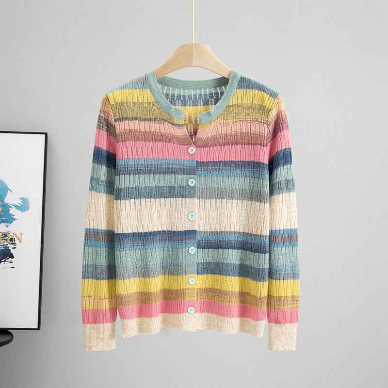 Striped Long Sleeved Loose Knitted Cardigan Sweater