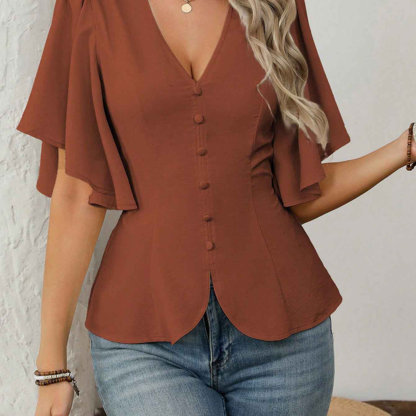 Elegant Solid Color Blouse