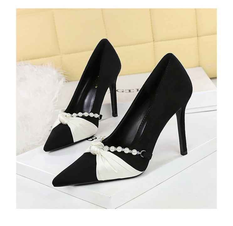 French Elegant Socialite Pearl Bow Pointed Low Cut Suede Stiletto Heel Pumps for Women